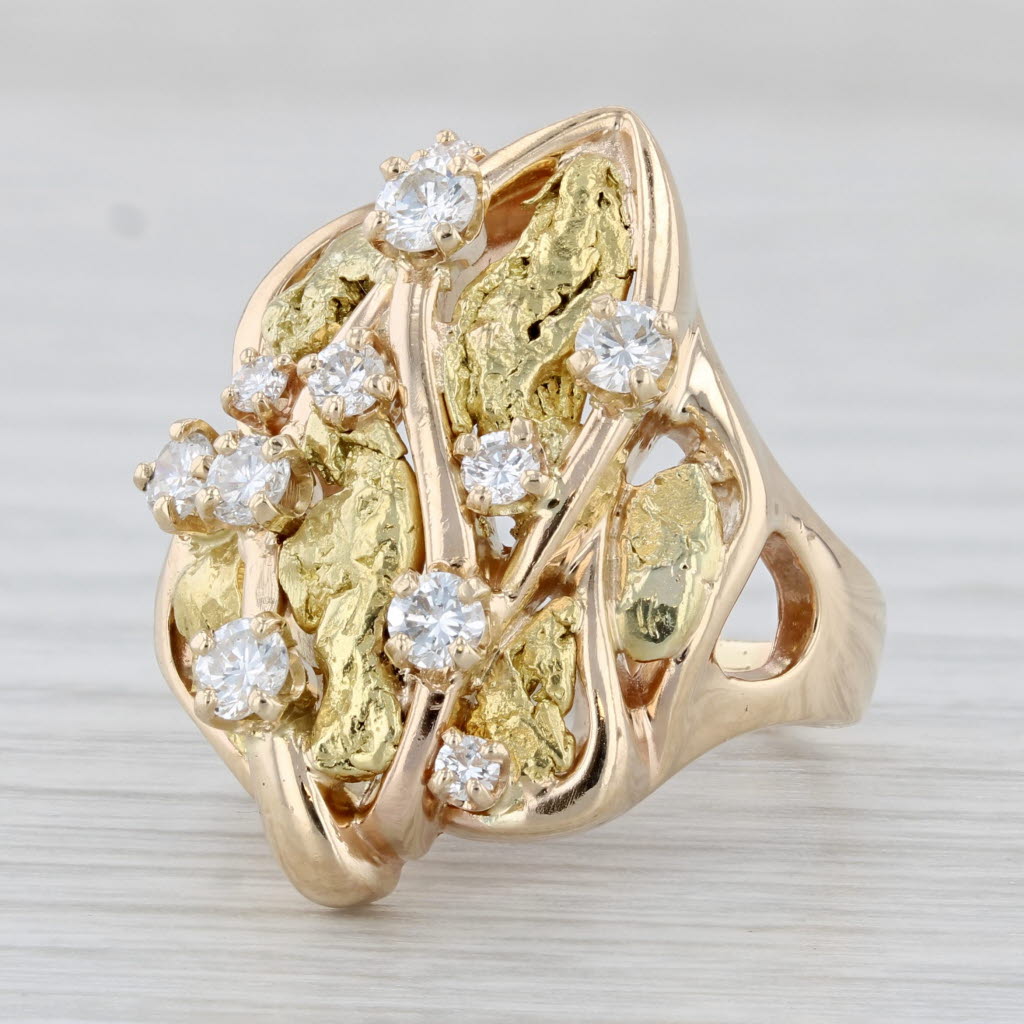 Light Gray 0.65ctw Diamond Cocktail Ring 14k 18k Yellow Gold Nugget Size 7