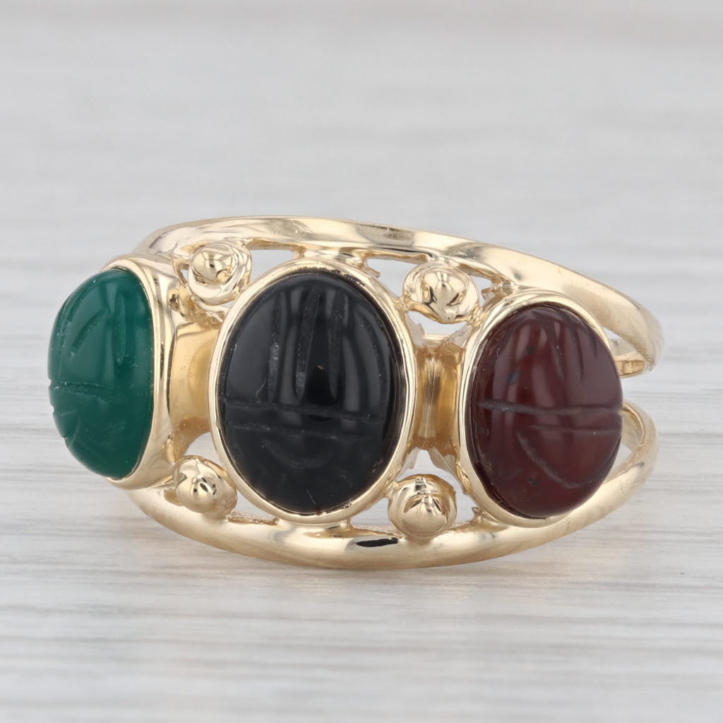 Light Gray Vintage 3 Stone Oval Scarab Chalcedony 14k Yellow Gold Size 10 Ring