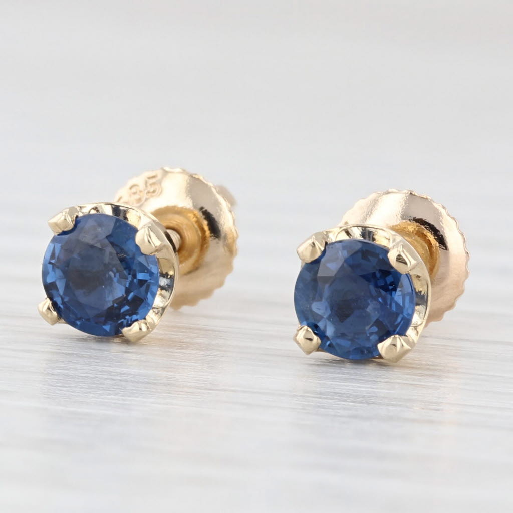 0.79ctw Round Blue Sapphire Solitaire Stud Earrings 14k Gold Pierced Screw Backs