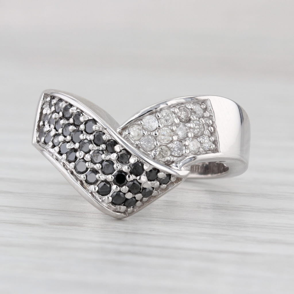 0.46ctw Black White Diamond Bypass Contoured Knot Ring 14k White Gold Size 6.25