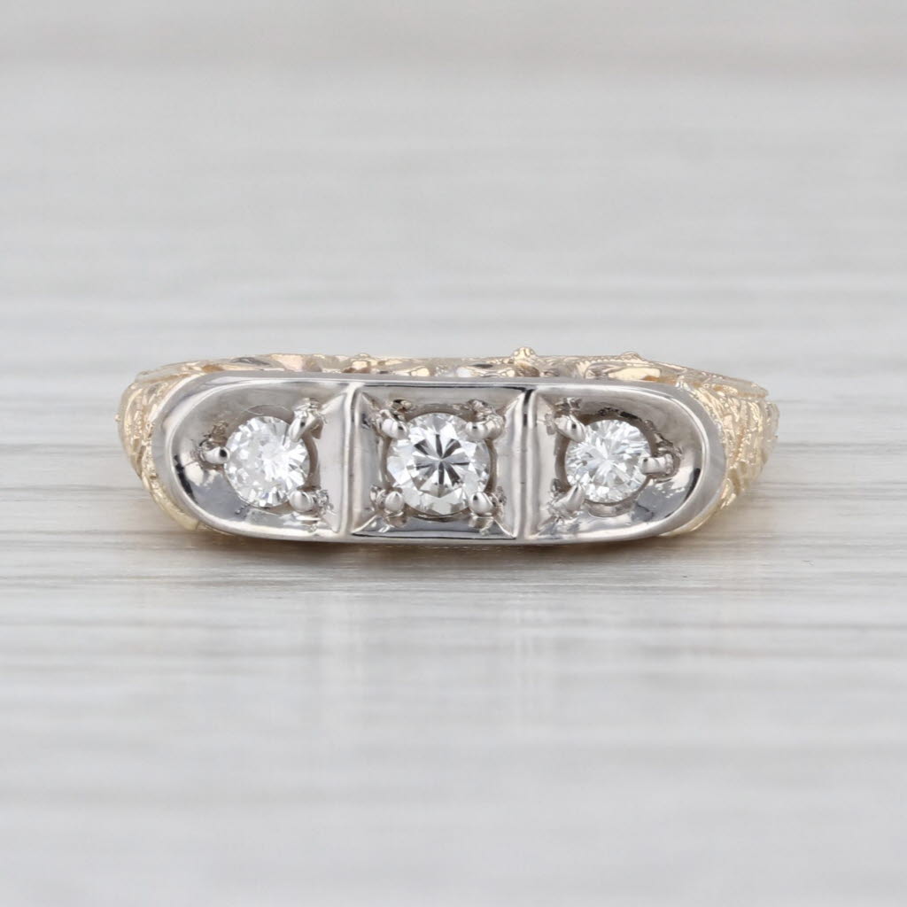 Vintage Ornate 0.18ctw VS2 Diamond 3-Stone Ring 14k White Yellow Gold Size 6.25