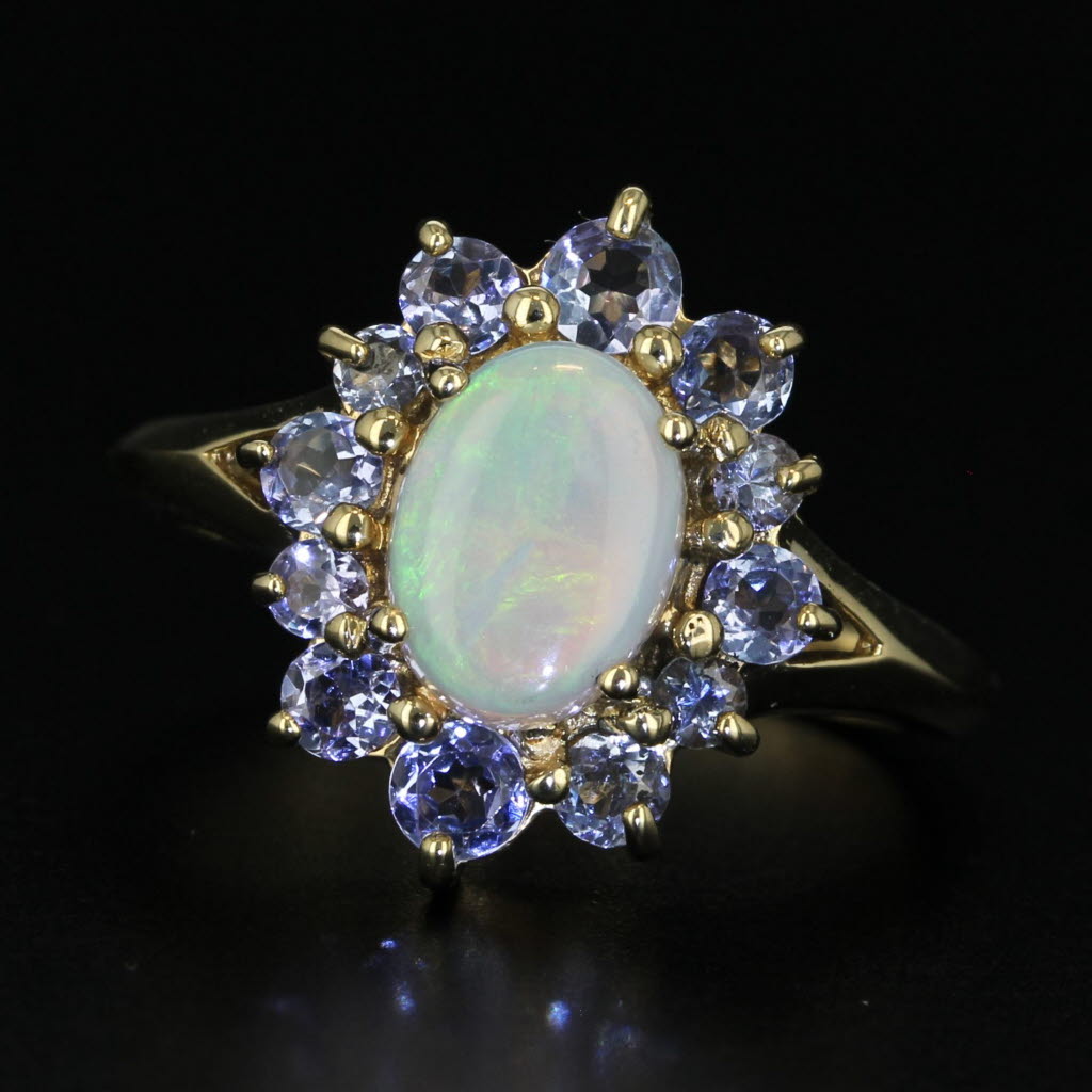 Oval Cabochon Opal Tanzanite Halo Ring 14k Yellow Gold Size 6.25