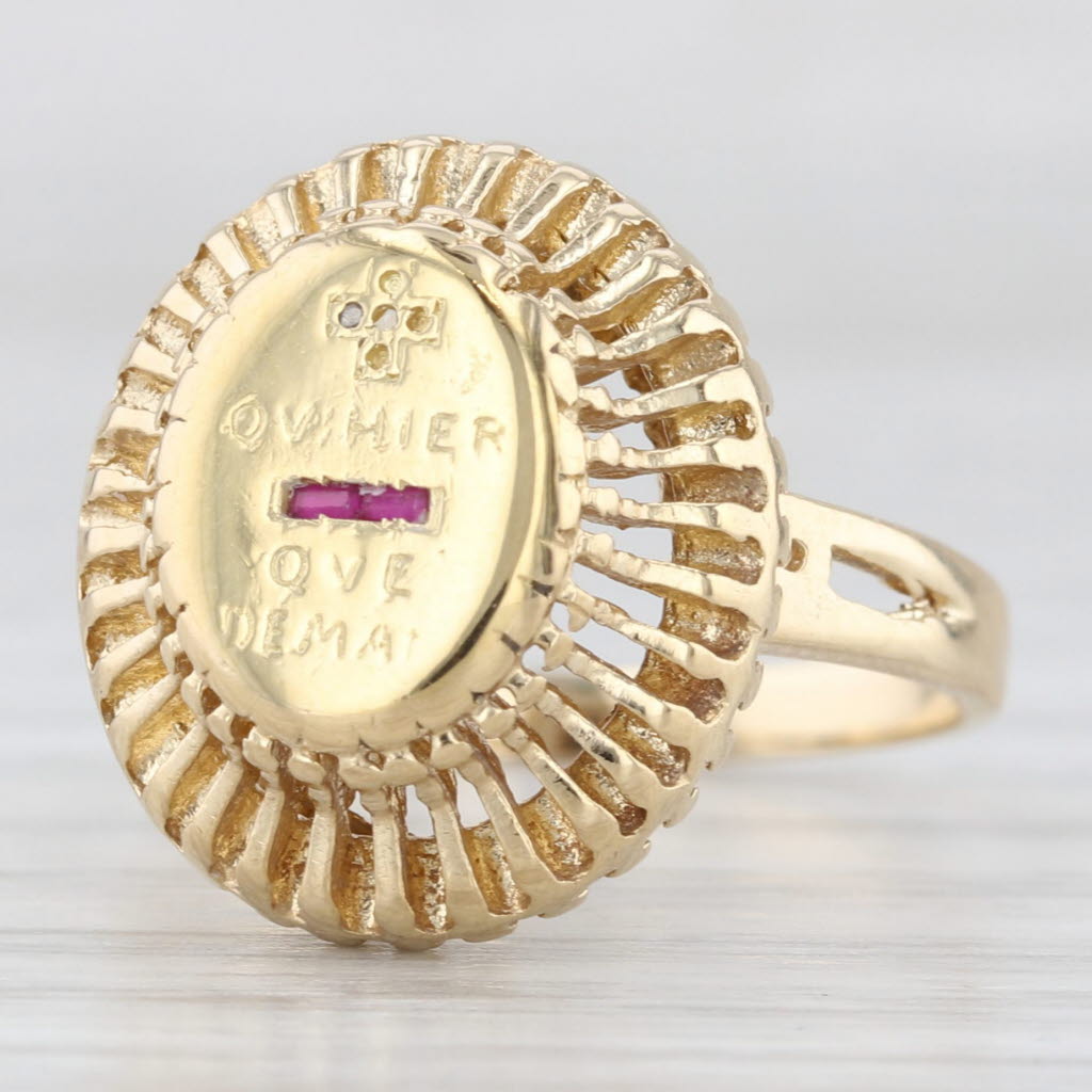 Light Gray Qu'Hier Que Demain French Love Poem Ring 14k Gold Diamond Plus Ruby Minus AS IS