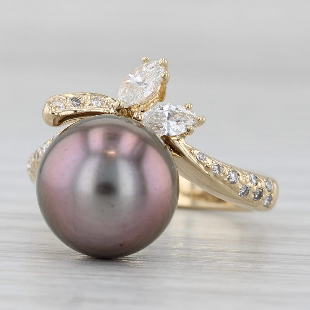 Gray Cultured Black Pearl 0.26ctw Diamond Ring 14k Yellow Gold Size 4