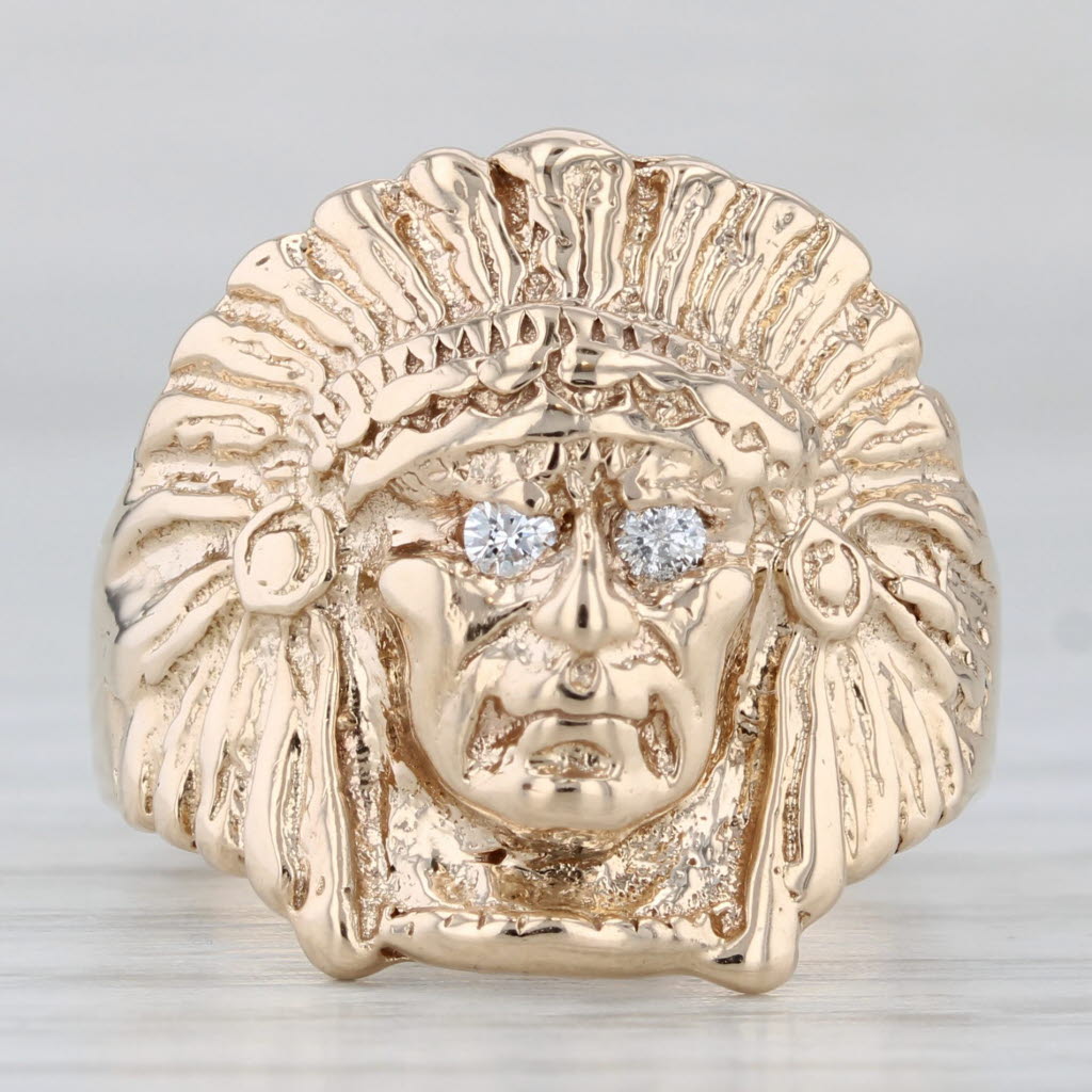 Light Gray Vintage Native American Indian Head Bust Ring Diamond 14k Yellow Gold Size 7.5