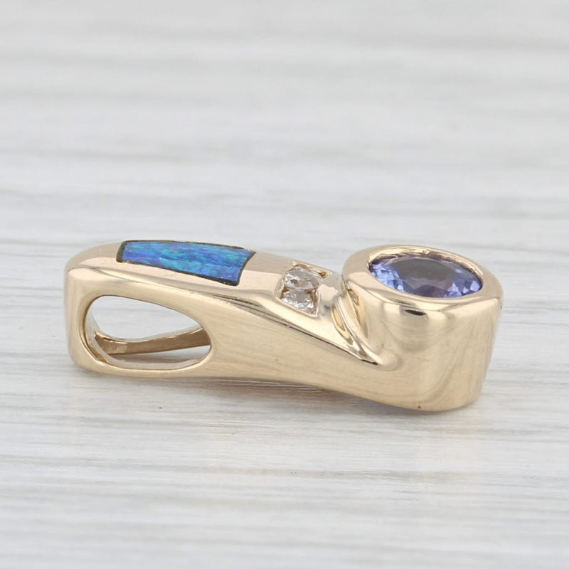 Light Gray 0.45ctw Tanzanite Diamond Blue Opal Pendant 14k Yellow Gold Small Drop