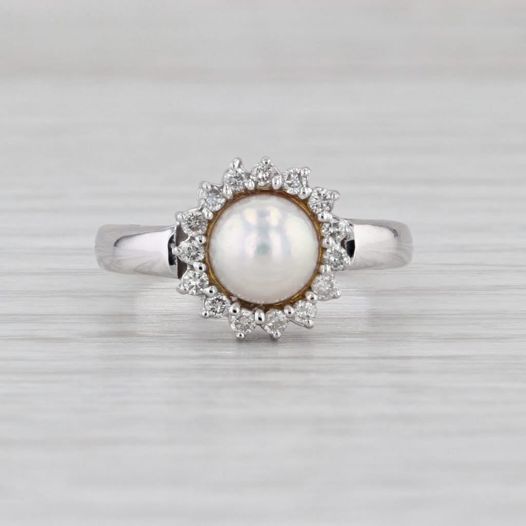 6mm Cultured Pearl Diamond Halo Ring 10k White Gold Size 5.5