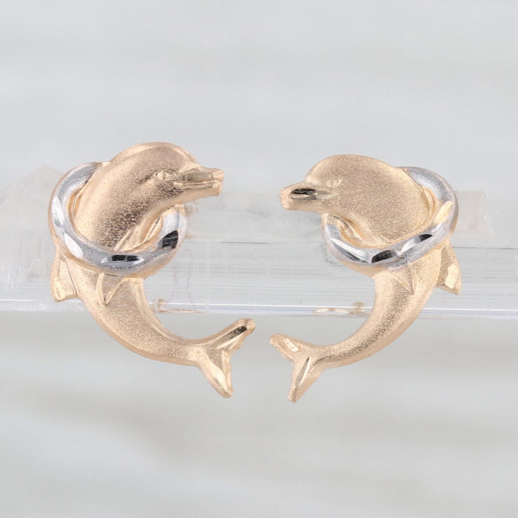 Dolphins through Hoops Stud Earrings 14k Rose Yellow White Gold Small Studs