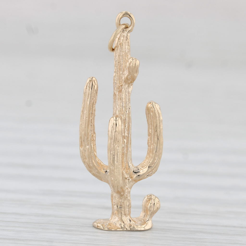 Light Gray Cactus Charm 14k Yellow Gold Southwestern Pendant