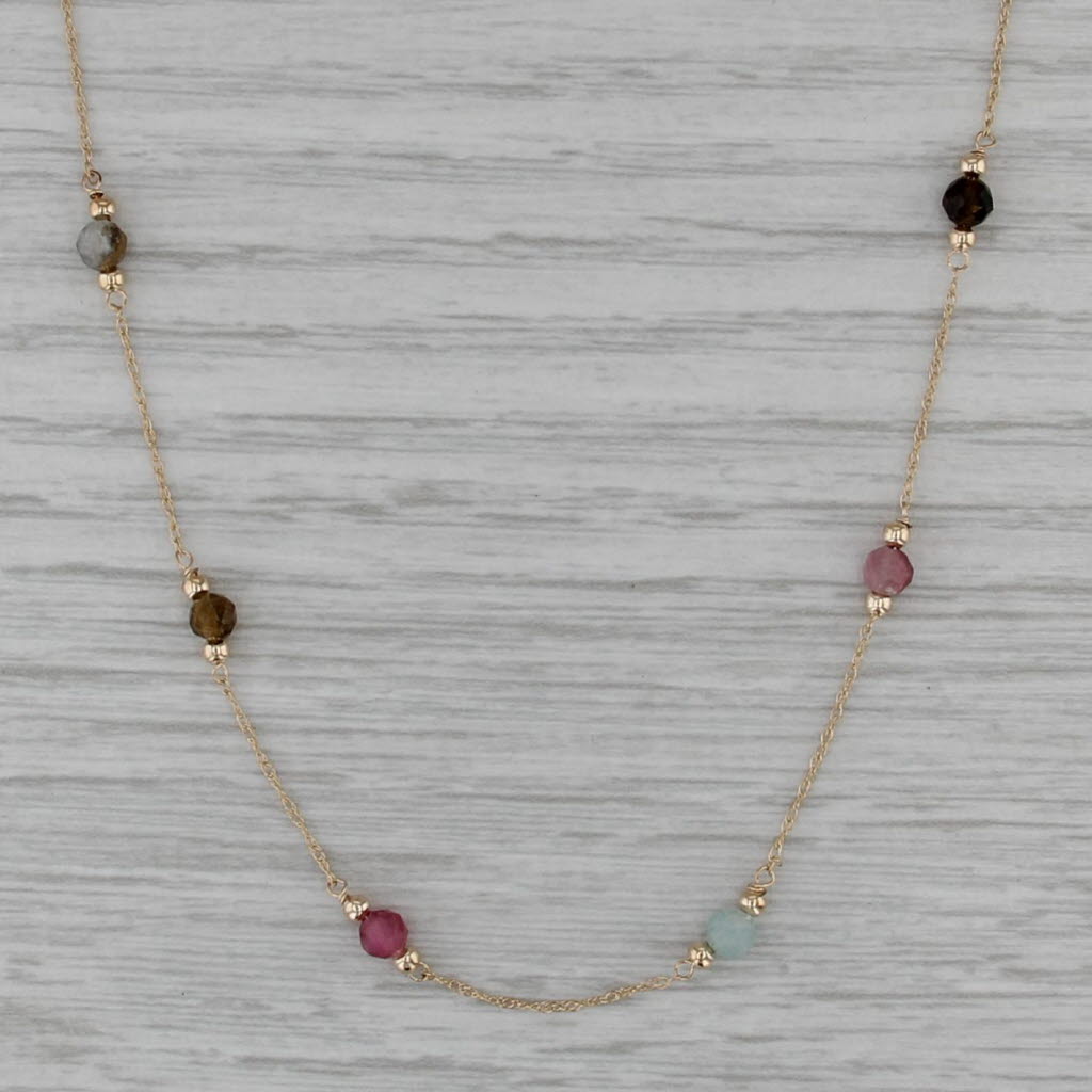 Gemstone Bead Station Necklace 14k Yellow Gold 16.25" Rope Chain