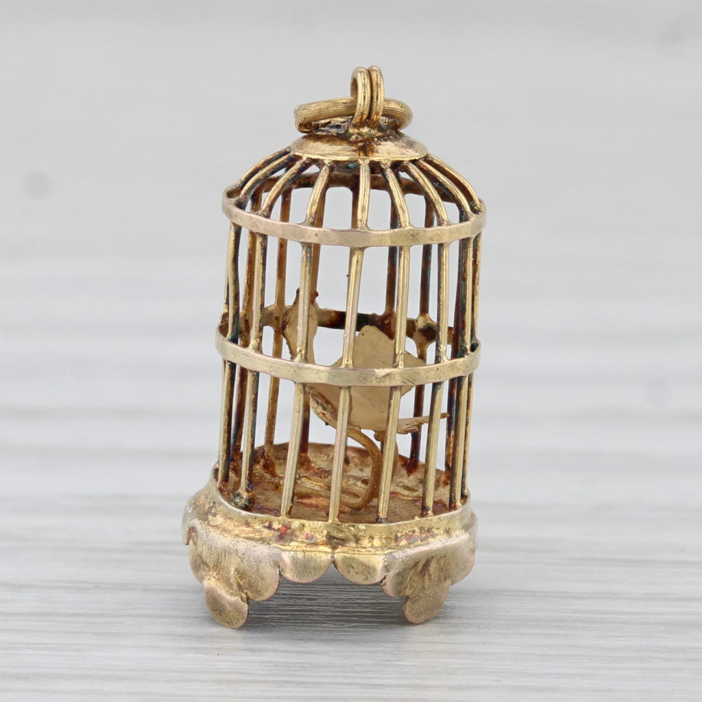 Light Gray Vintage Bird in Birdcage Charm 14k Yellow Gold 3D Pendant