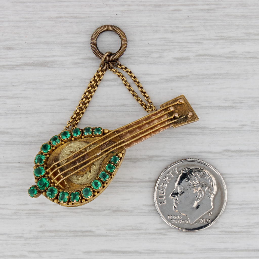 Gray 1800s Antique Mandolin Charm Fob Pendant 18k 21k Gold 0.50ctw Emeralds Guitar