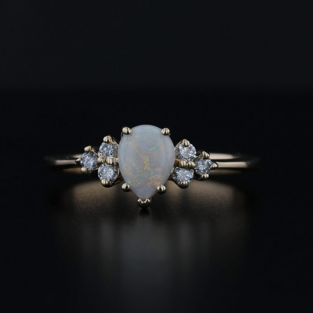 Opal Diamond Ring Pear Cabochon 14k Yellow Gold Size 7.25