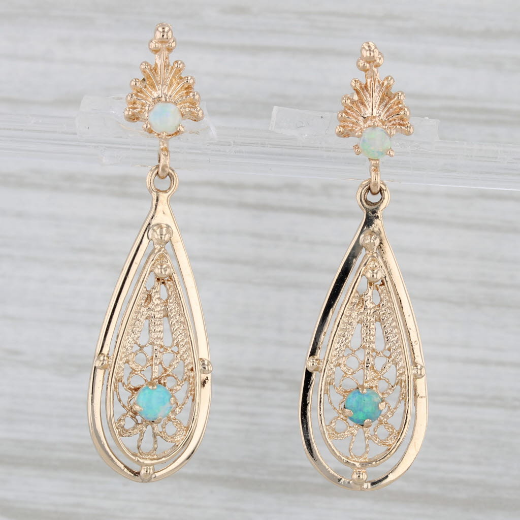 Gray Vintage Opal Filigree Teardrop Earrings 14k Yellow Gold