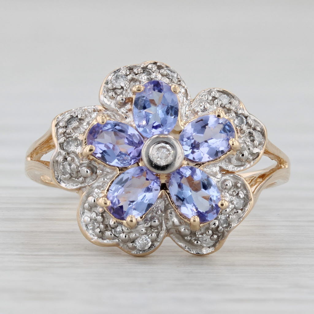 Gray 1.08ctw Tanzanite Diamond Flower Ring 14k Yellow Gold Size 6.5