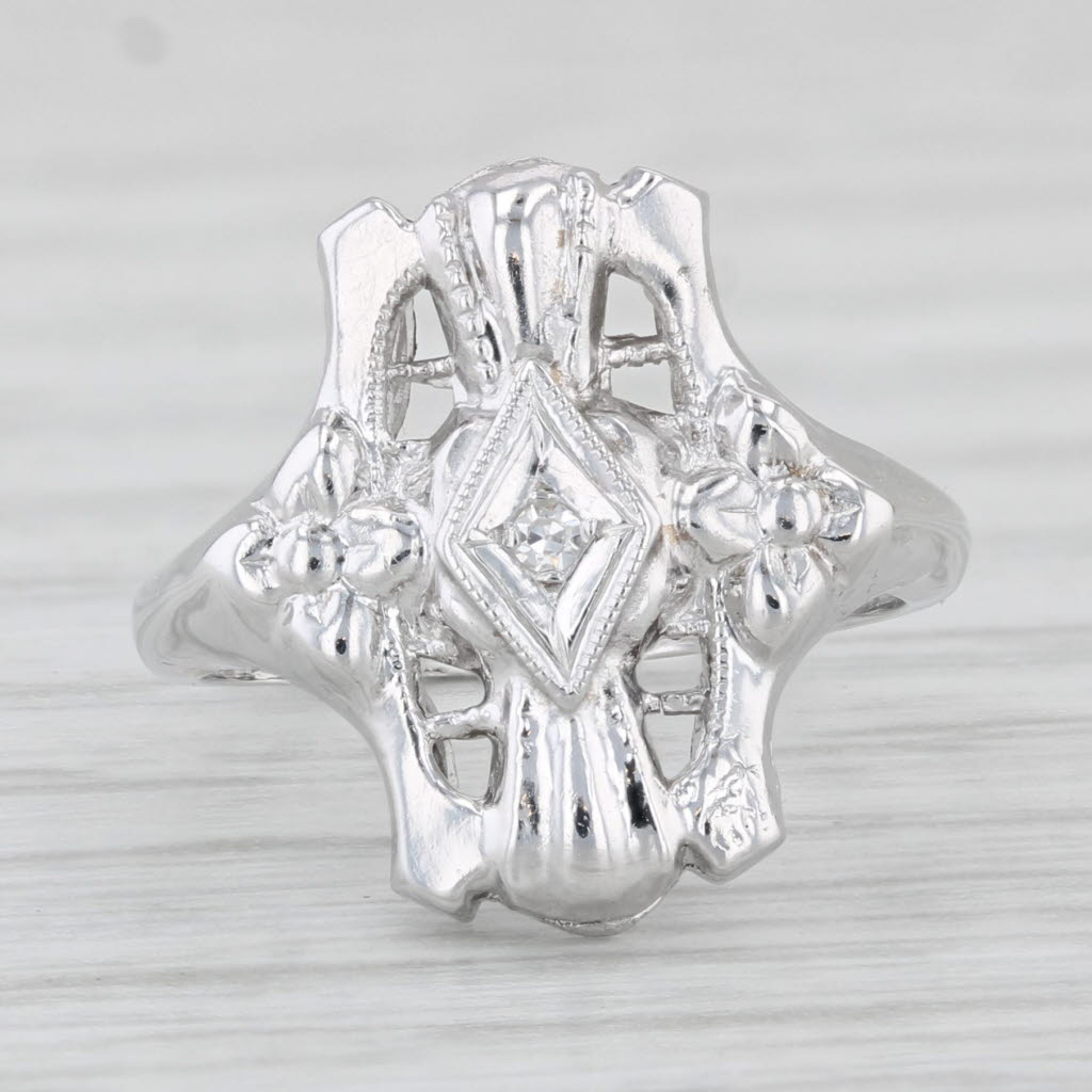 Light Gray Vintage Diamond Ring 14k White Gold Ornate Openwork Size 2.5