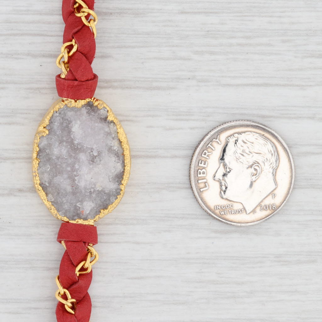 New Cordelia Nina Wynn Necklace Gold Vermeil Red Woven Leather White Druzy