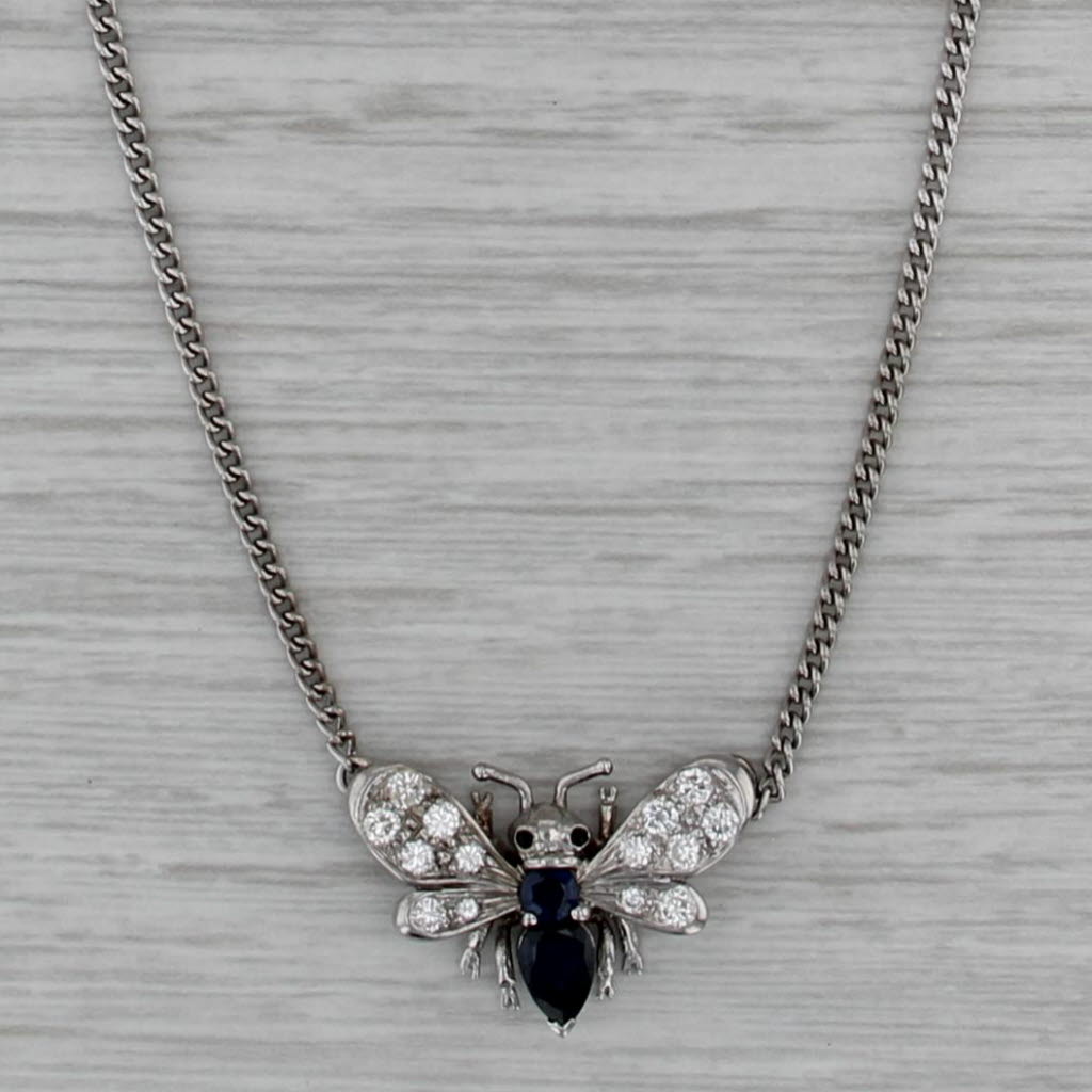 Vintage Sapphire Diamond Bee Pendant Necklace 18k Gold Platinum Gowland Box