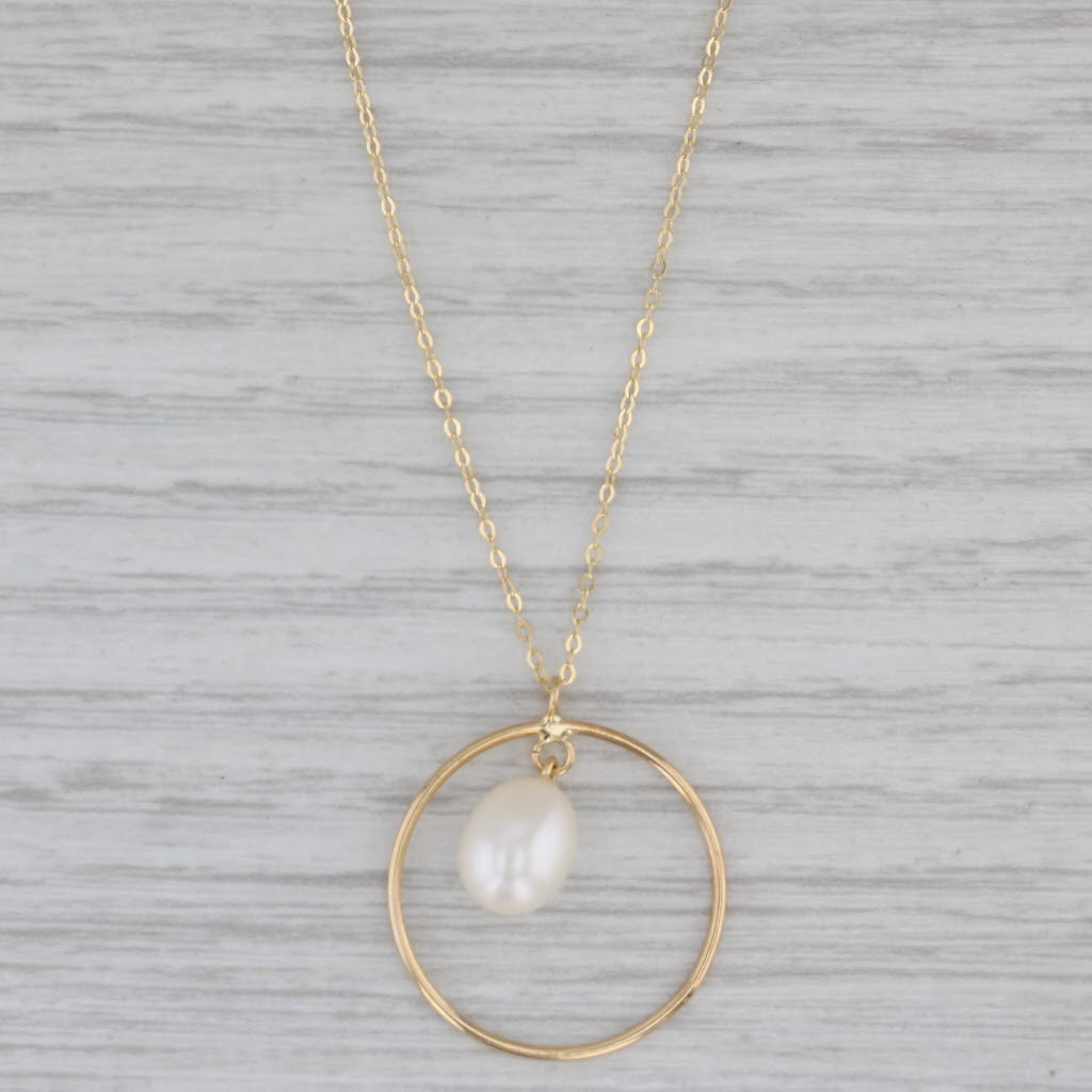 Gray New Cultured Pearl Circle Pendant Necklace 14k Yellow Gold Cable Chain 18"