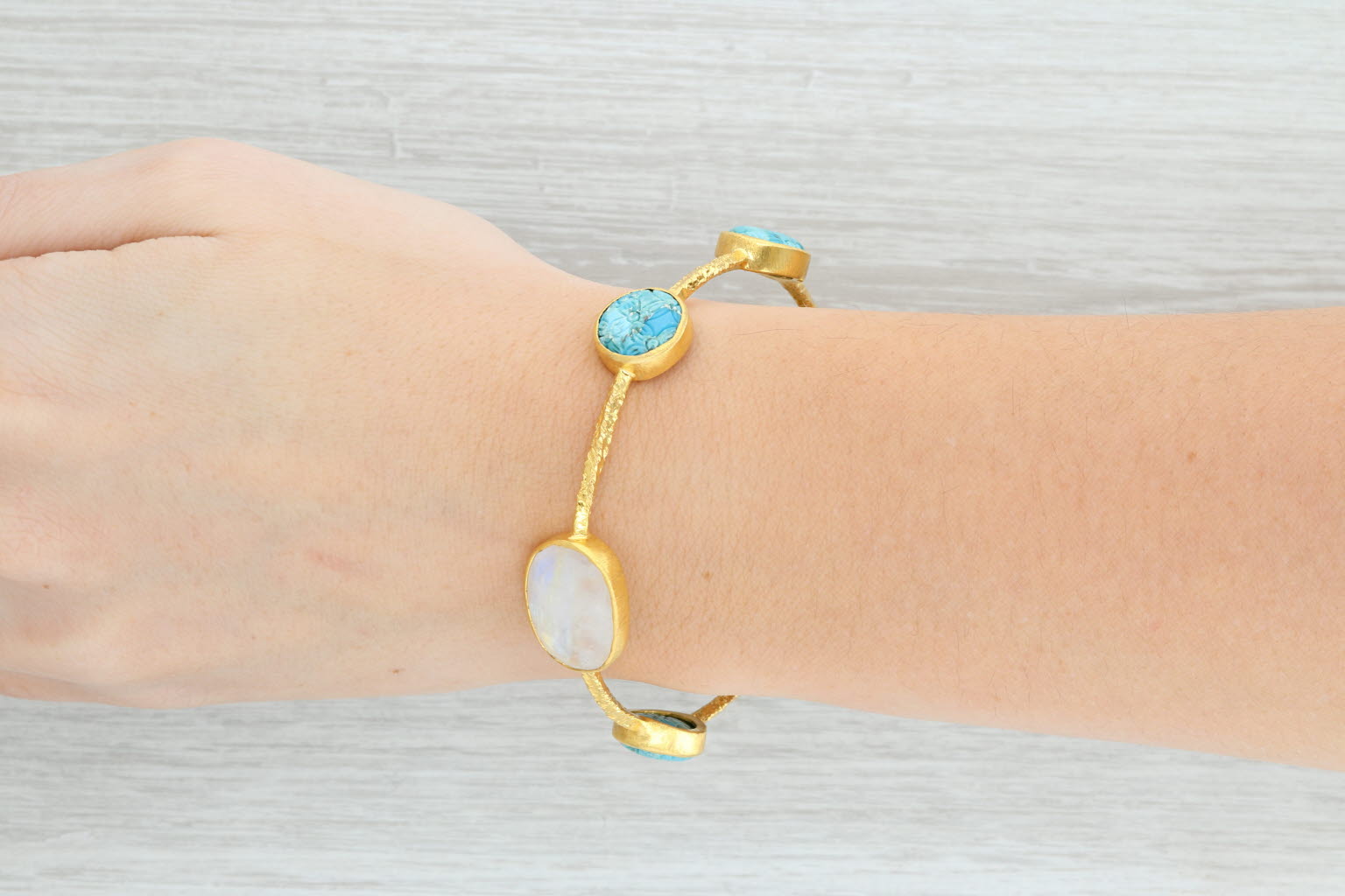 New Nina Nguyen Turquoise Moonstone 8" Bangle Bracelet Sterling 22k Vermeil