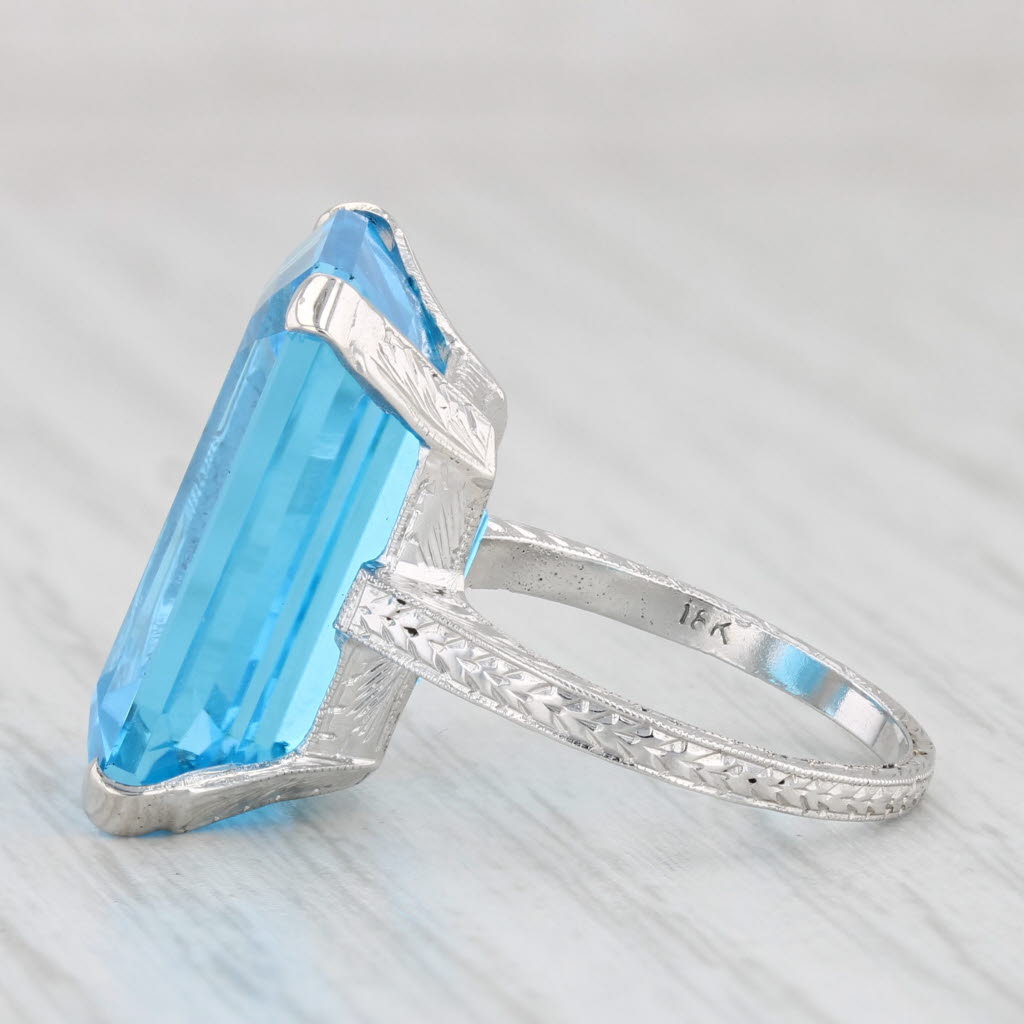 Light Gray Vintage 19.70ct Blue Topaz Ring 18k White Gold Size 4.5 Emerald Cut Solitaire