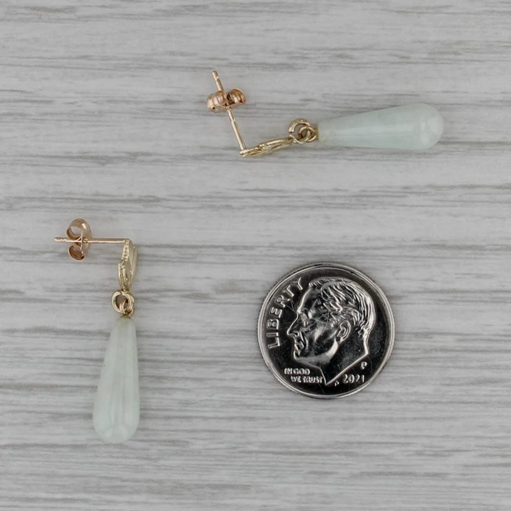 White Jadite Jade Teardrop Earrings 10k Yellow Gold Dangles Drops
