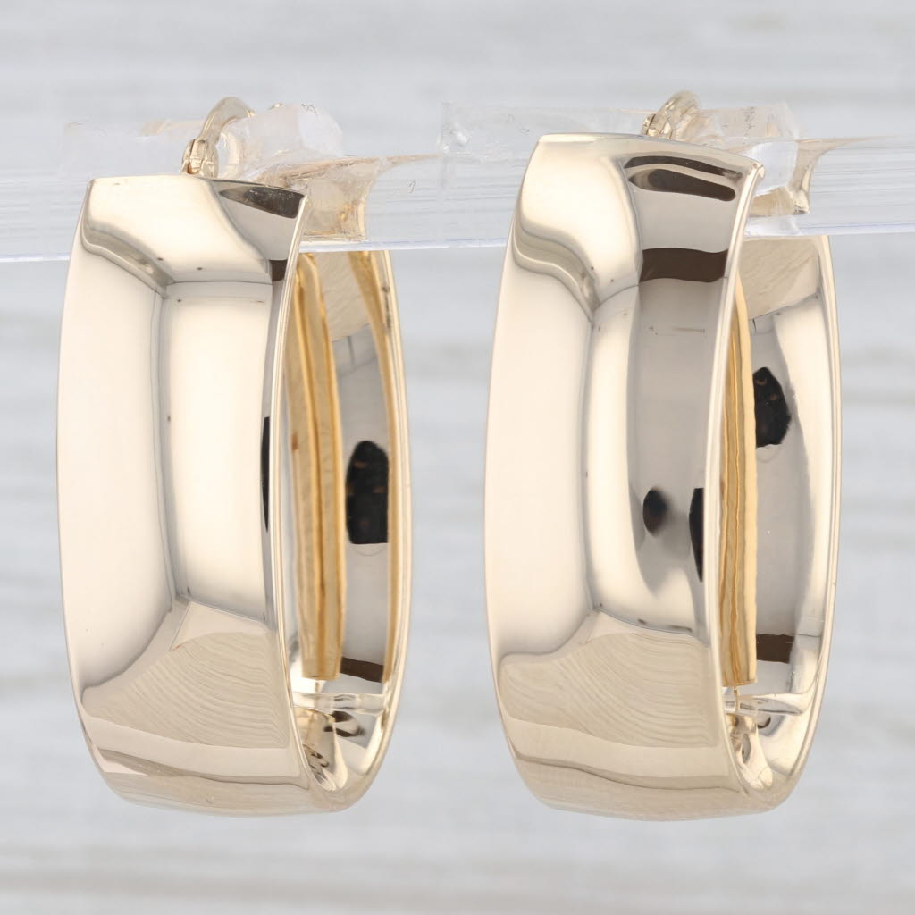 Light Gray Beveled Oval Hoop Earrings 14k Yellow Gold Snap Top Hoops