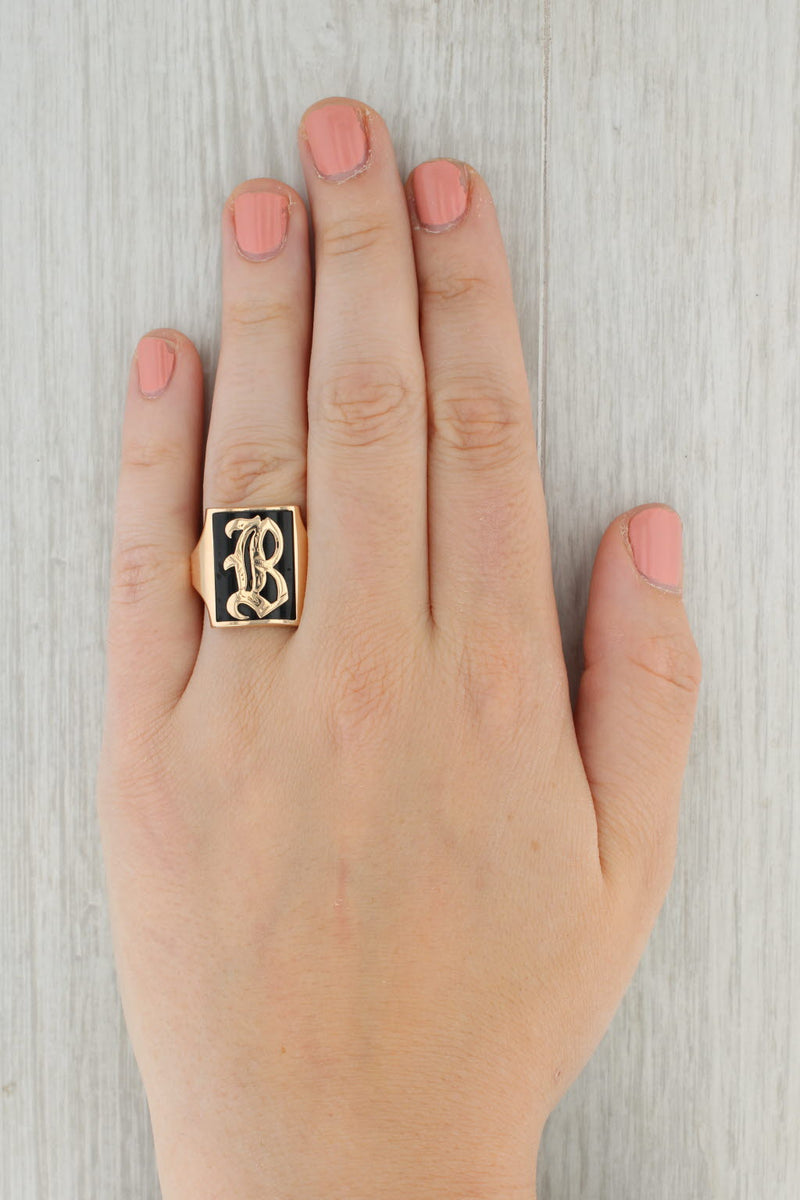 Tan Antique Onyx Old English Initial "B" Signet Ring 10k Yellow Gold Size 12