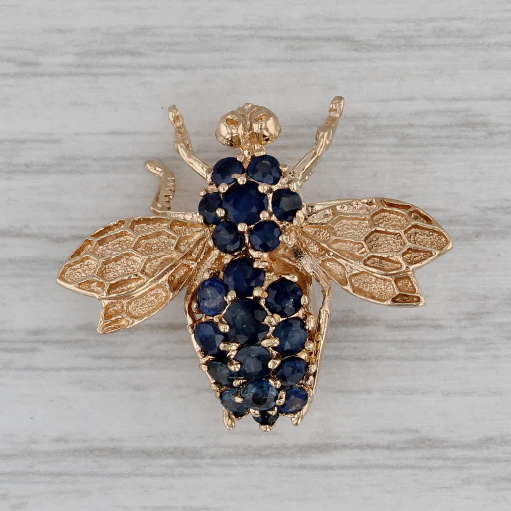 Gray 1.25ctw Blue Sapphire Bumble Bee Pin 14k Yellow Gold Brooch