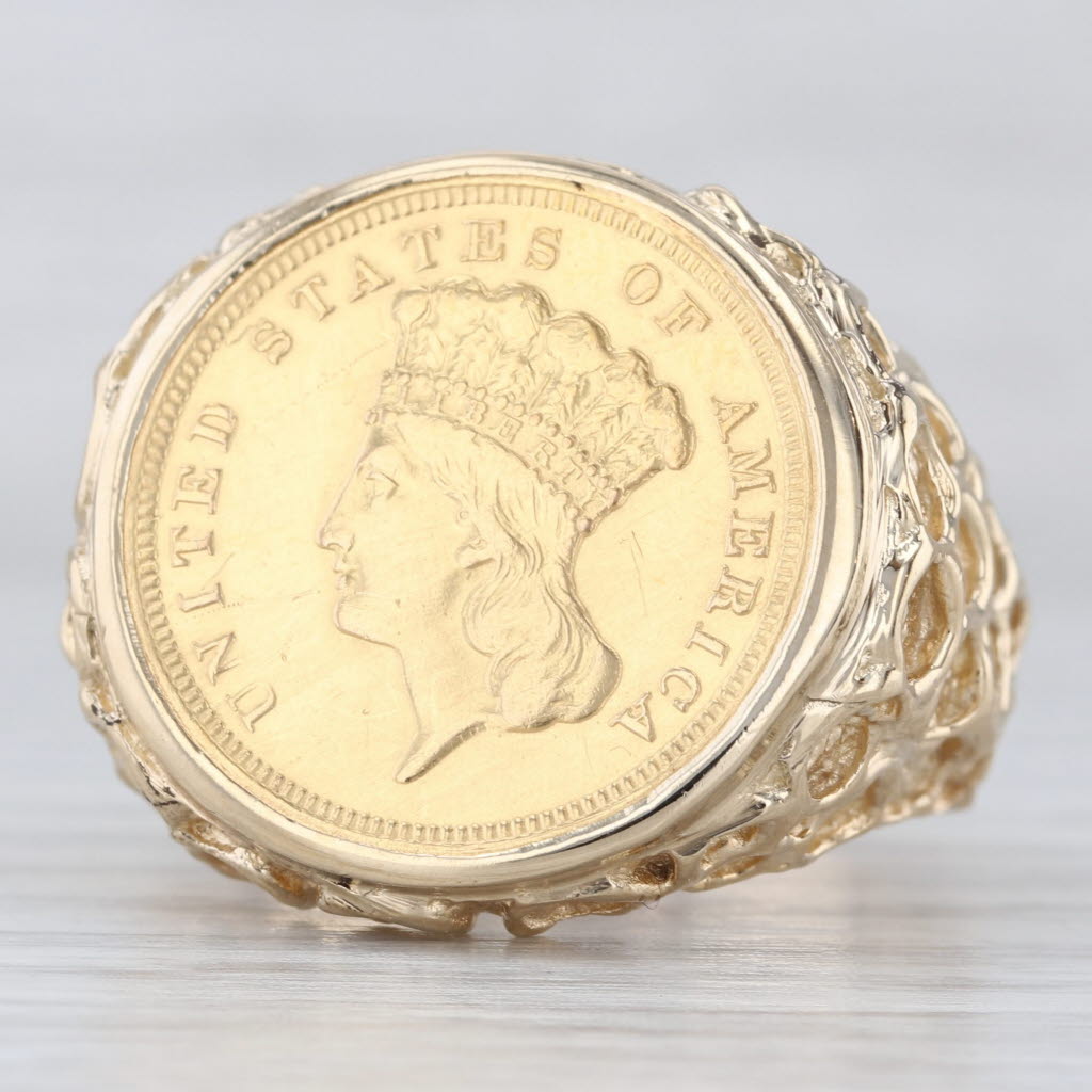 Light Gray Genuine 1857 $3 Gold Coin Nugget Ring 14k 900 Yellow Gold Size 11.5 Men's Signet