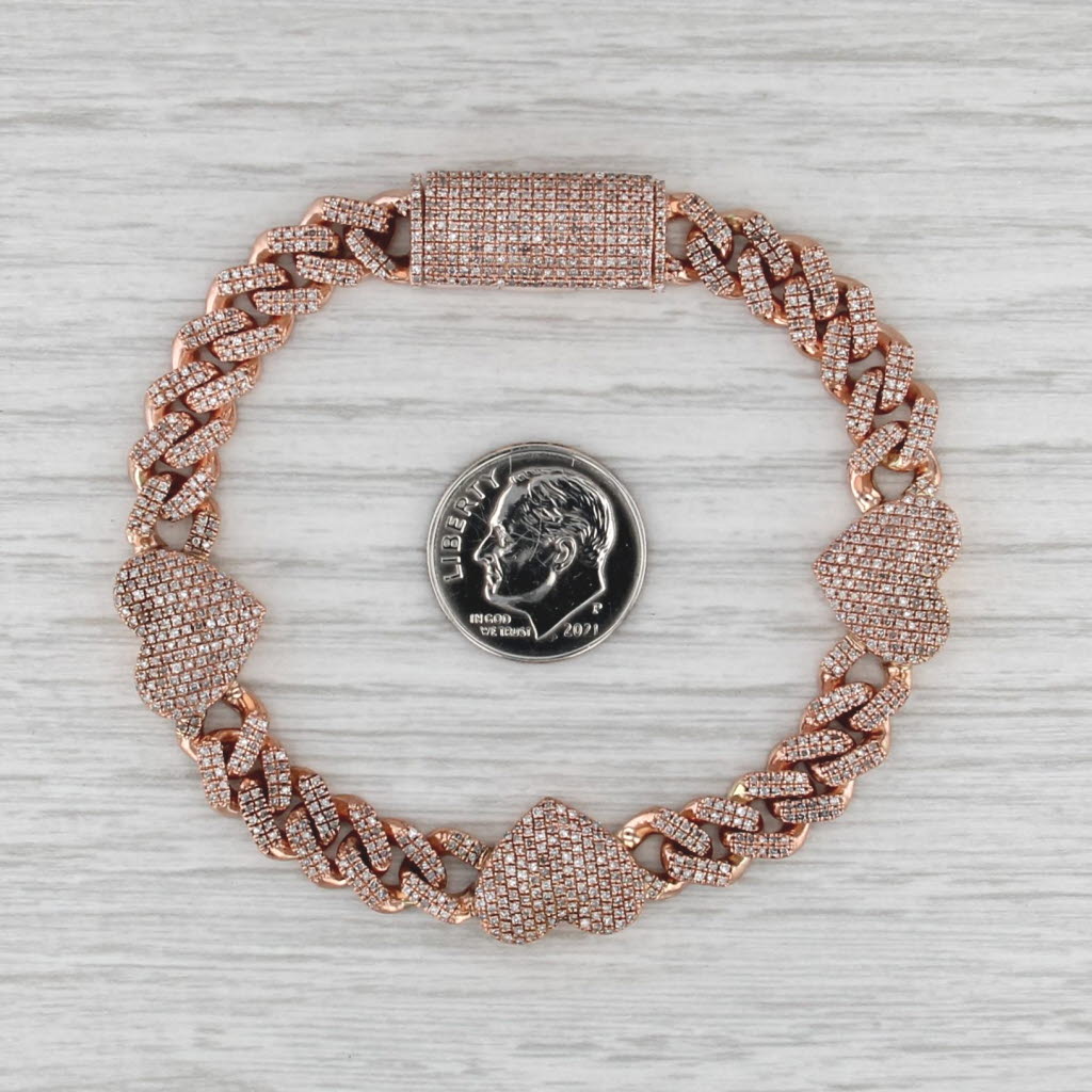 1.77ctw Pave Diamond Hearts Station Bracelet 10k Rose Gold 7.75" Curb Chain
