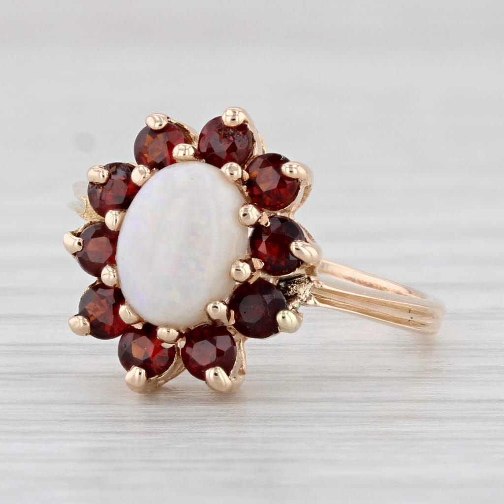 Light Gray Opal 1ctw Garnet Halo Ring 14k Yellow Gold Size 6.5 Oval Cabochon