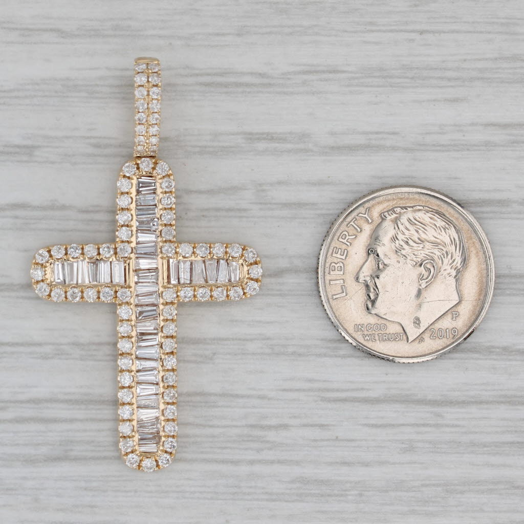 Gray 1.10ctw Baguette Diamond Cross Pendant 14k Yellow Gold