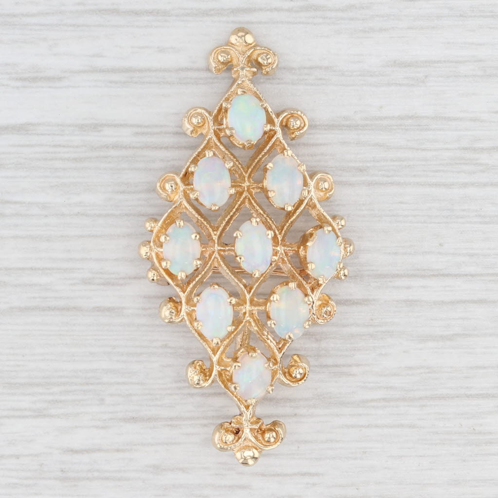 Light Gray Vintage Ornate Opal Pendant Brooch 14k Yellow Gold Statement