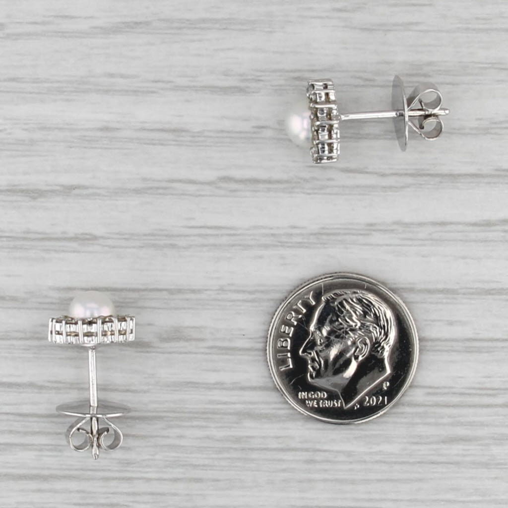 0.30ctw Diamond Halo Cultured Pearl Stud Earrings 10k White Gold Round Studs
