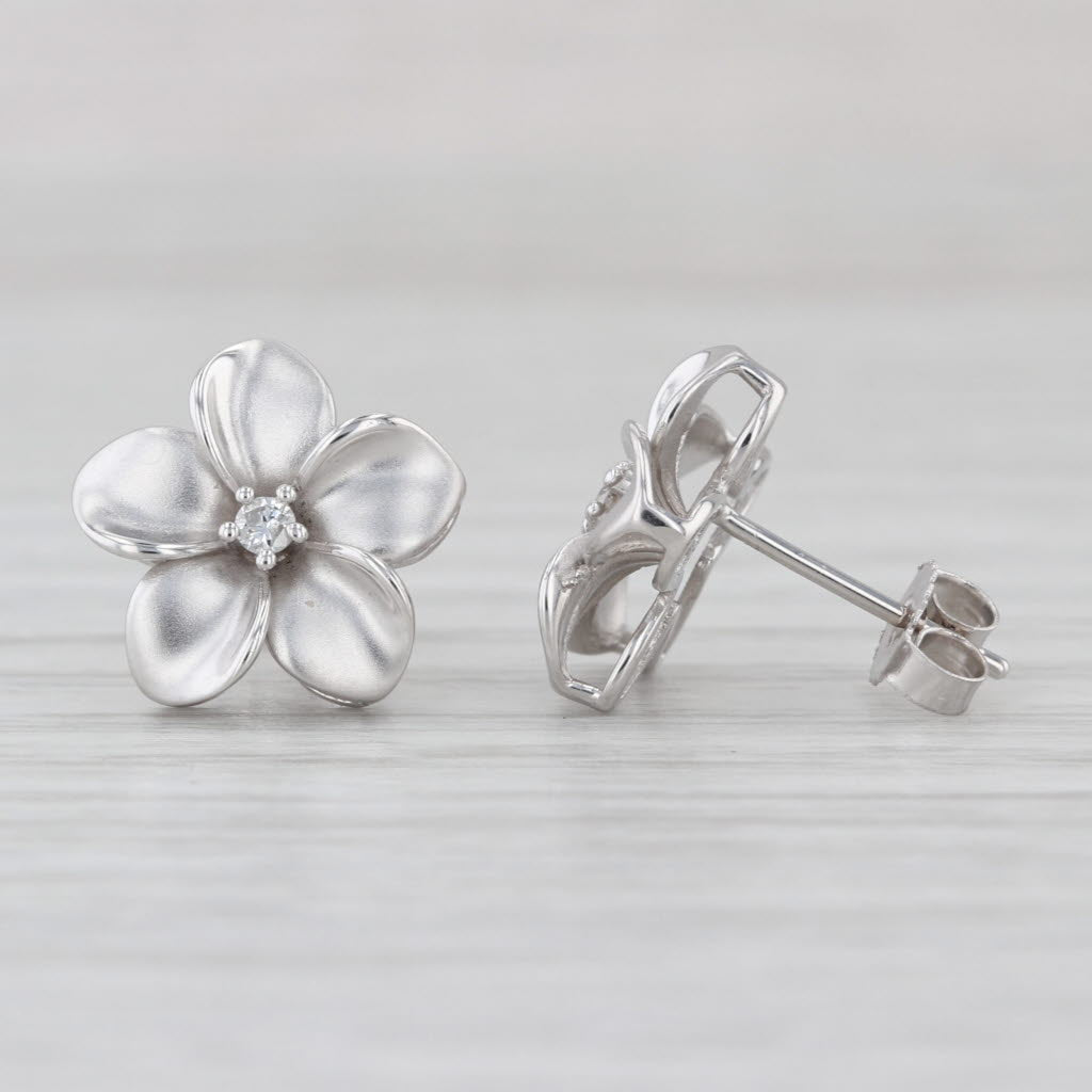 Diamond Plumeria Flower Stud Earrings 14k White Gold Floral Studs
