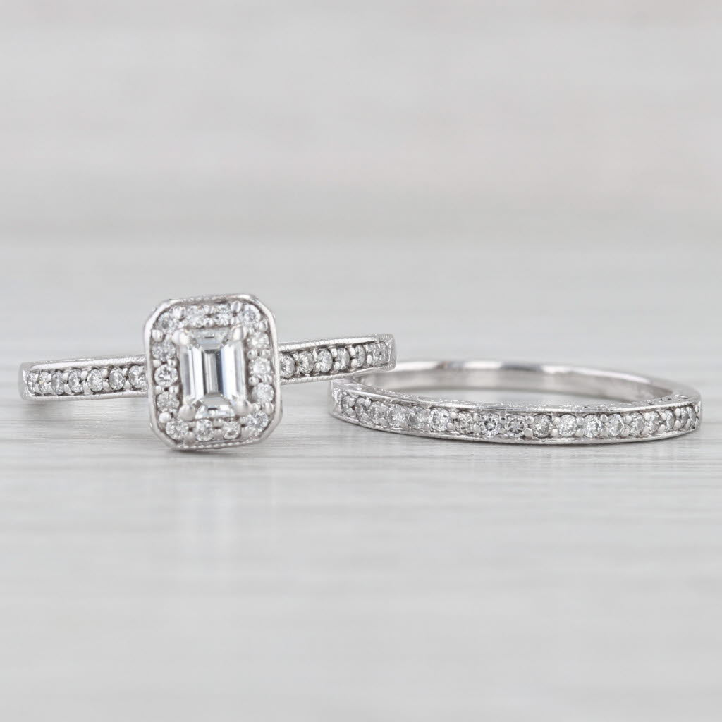 0.70ctw Emerald Cut Diamond Halo Engagement Ring Wedding Band 14k White Gold