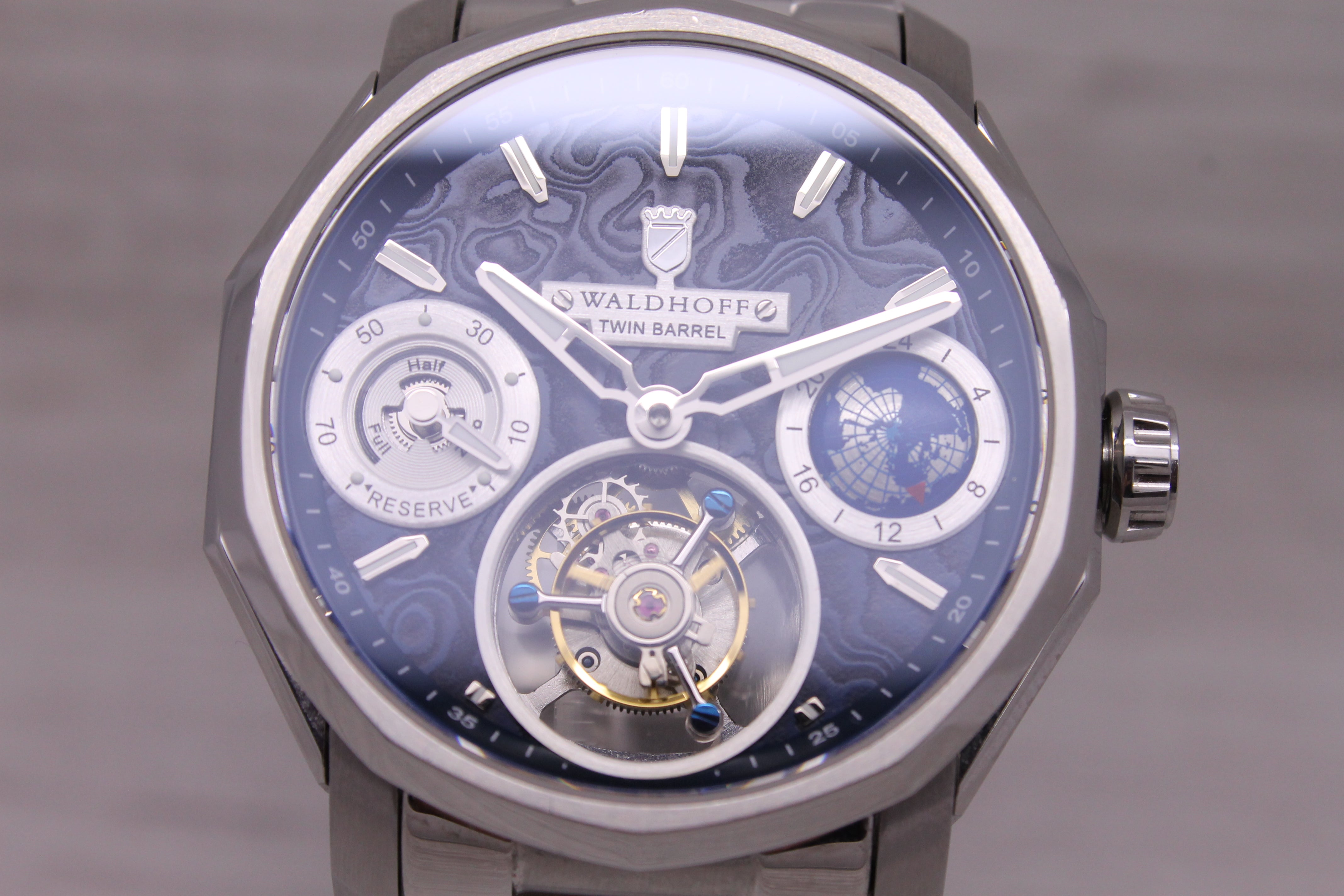 Slate Gray Waldhoff Continental Twin Barrel Mens 43mm Steel Tourbillon Watch w/ Box Germany