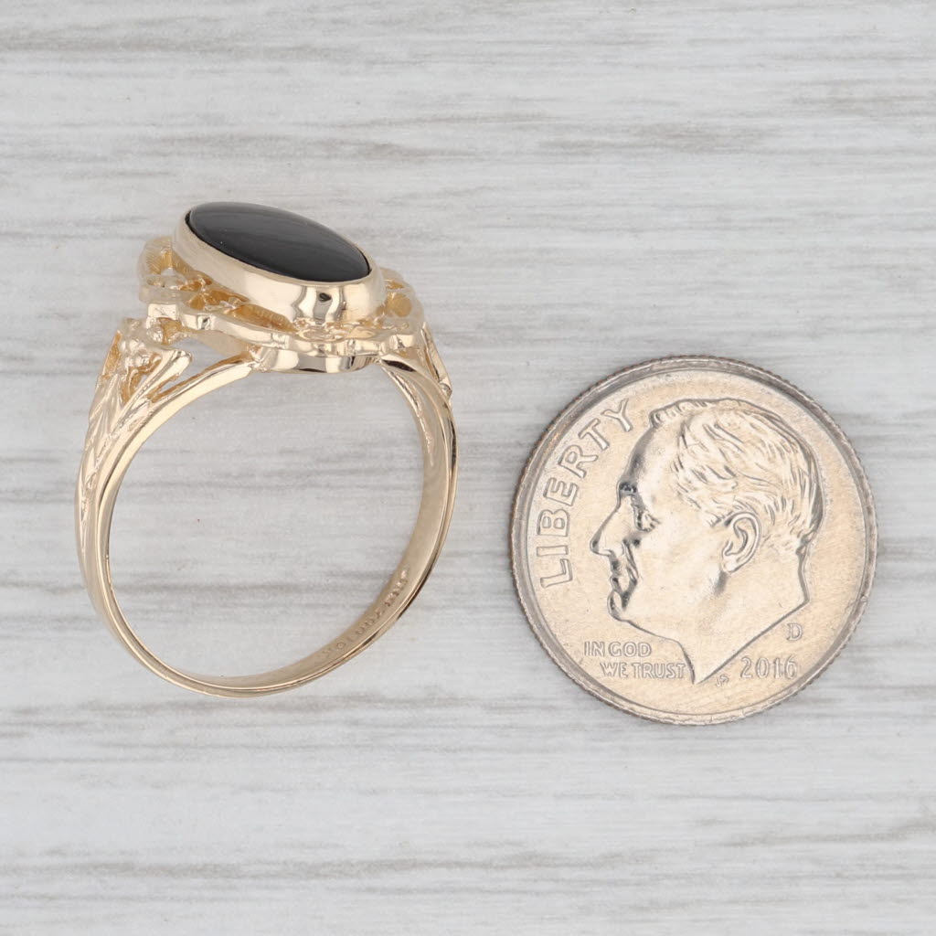 Vintage Onyx Ring 10k Yellow Gold Oval Cabochon Solitaire Flower Size 7