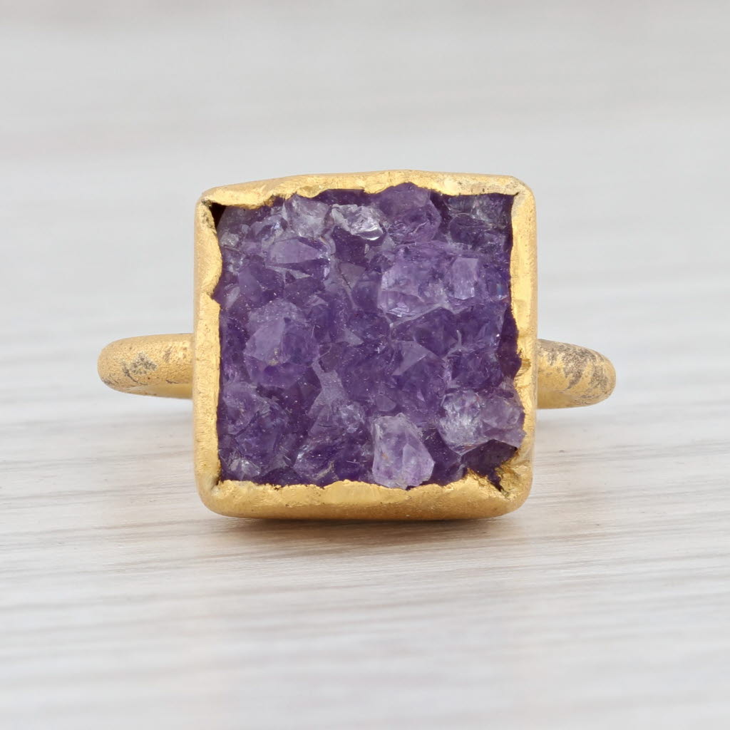 New Nina Nguyen Amethyst Druzy Ring Sterling Silver 22k Gold Vermeil Size 7