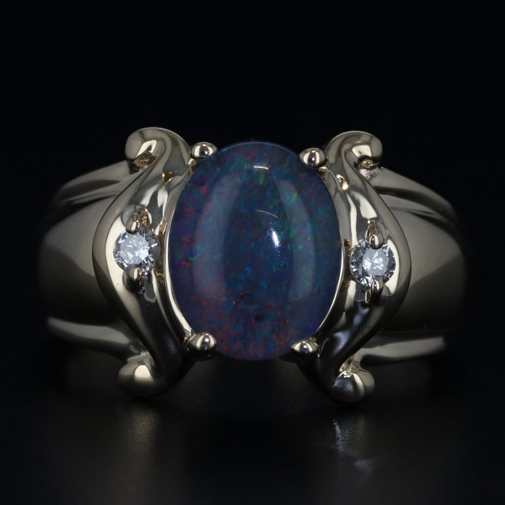 Black Opal Oval Triplet Diamond Accent 10k Yellow Gold Ring Size 7