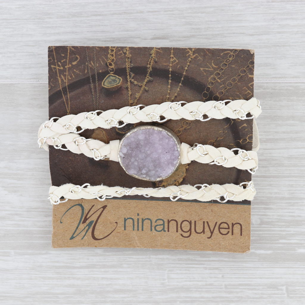New Nina Wynn Cordelia Necklace Amethyst Druzy Woven White Leather Tags