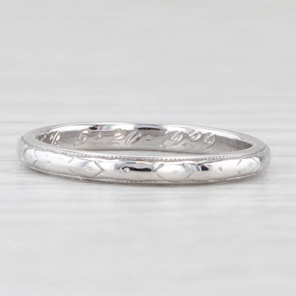 Antique Floral Engraved Wedding Band 18k White Gold Ring Stakable Size 5