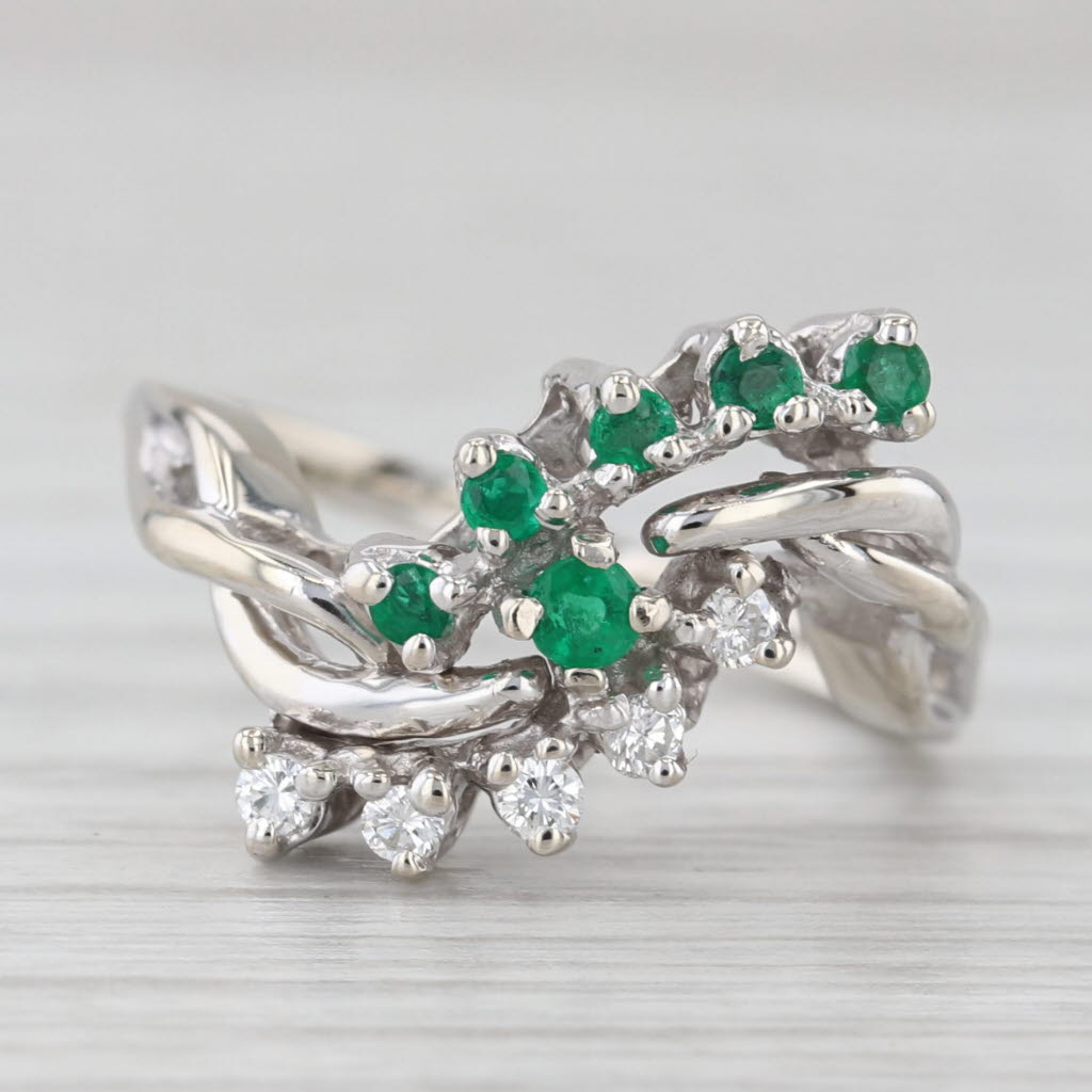 Light Gray Vintage 0.35ctw Diamond Emerald Bypass Ring 14k White Gold Size 6