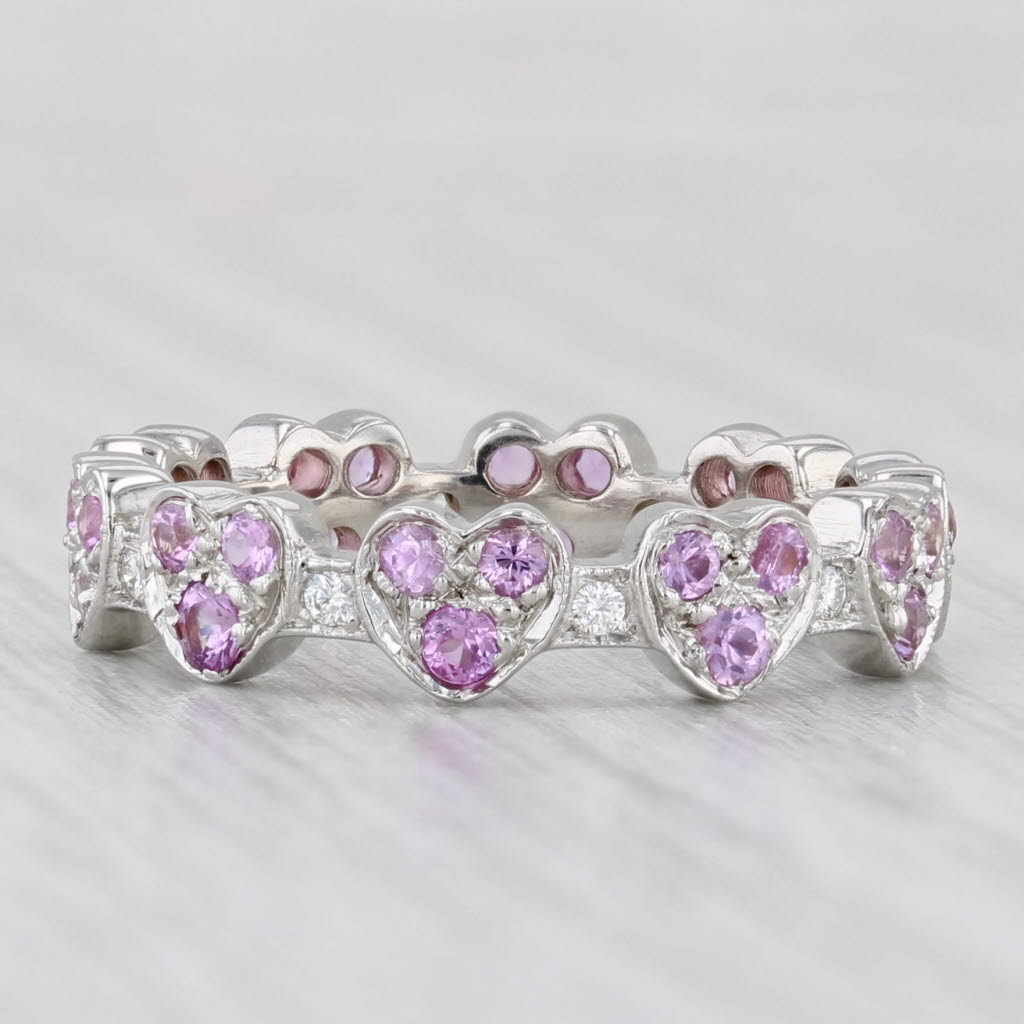 Light Gray 1ctw Pink Sapphire Diamond Hearts Eternity Ring 18k White Gold Stackable Band