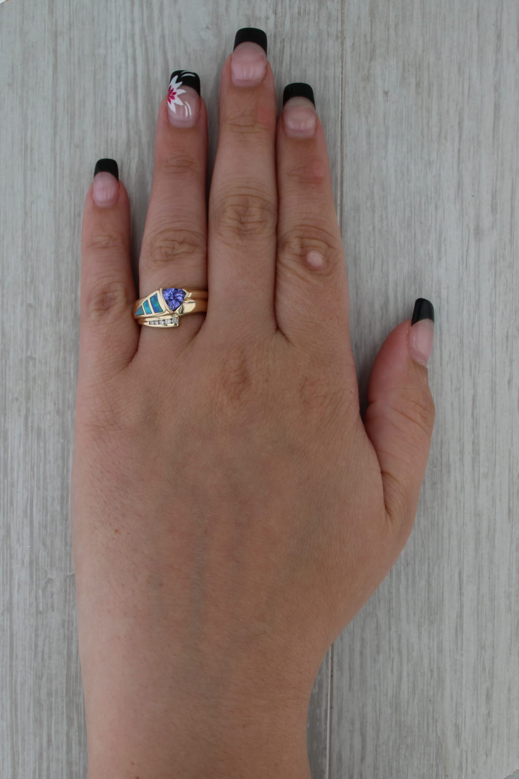 Tanzanite Opal Diamond Ring 14k Yellow Gold Size 7.25 Bypass