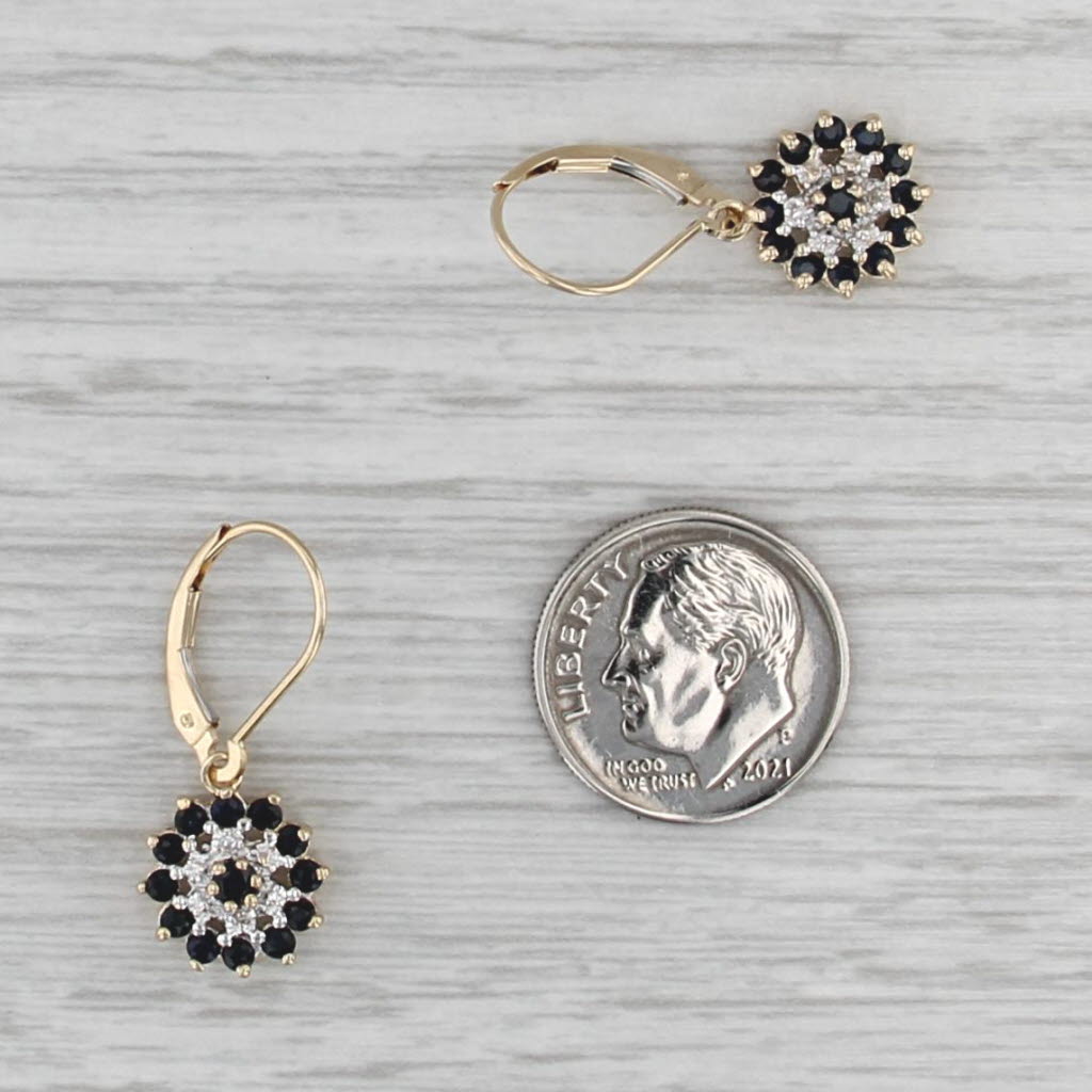 0.96ctw Sapphire Diamond Flower Cluster Dangle Earrings 14k Gold Lever Backs