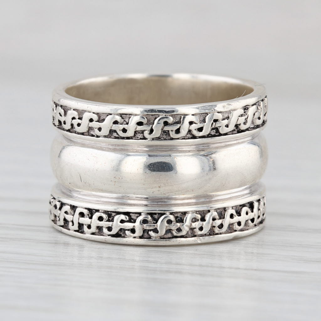 Wide Band Patterned Statement Ring Sterling Silver Size 6.75 12.7mm