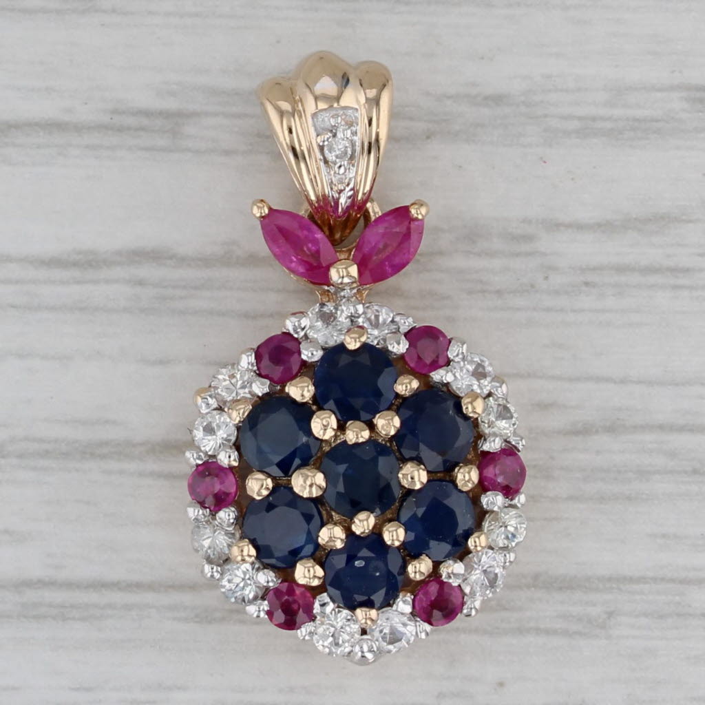 Gray 2.66ctw Blue Sapphire Ruby Sapphire Cluster Pendant 14k Yellow Gold