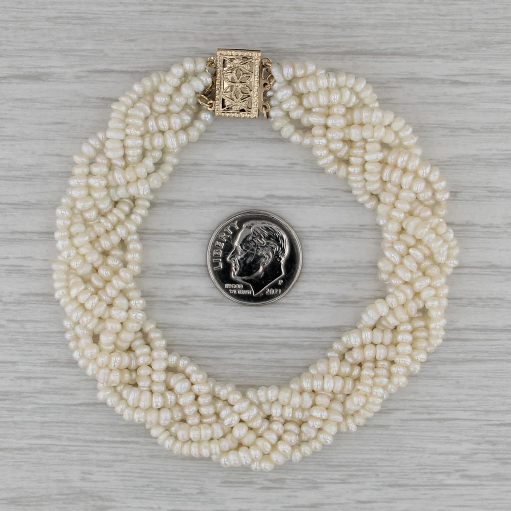 Woven Mesh Cultured Pearl Strand Bracelet 14k Yellow Gold 7.5" 14.8mm